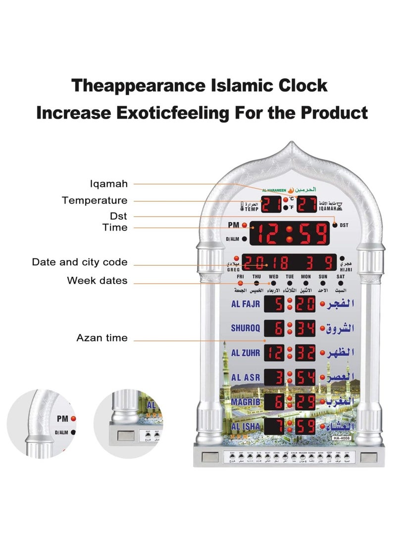 HA-4008 ساعة حائط إسلامية رقمية LED، ساعة حائط لأوقات صلاة المسجد، ساعة مسجد مع أذان كامل (أبيض)  - Image 2
