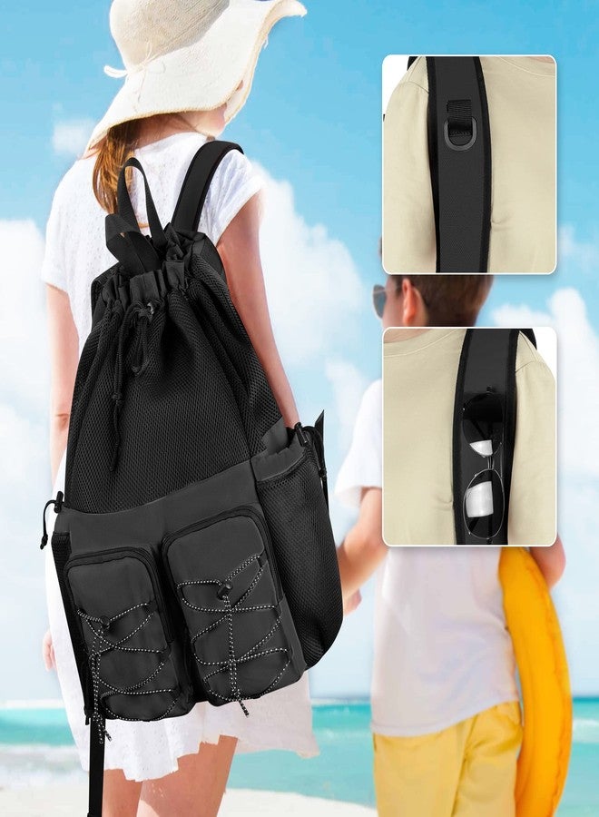 Fasrom Mesh Beach Bag Backpack with Waterproof Bag and Pocket, Large Drawstring Swim Backpack for Travel, Gym and Pool Sports, Black (Patent Design) - Image 5