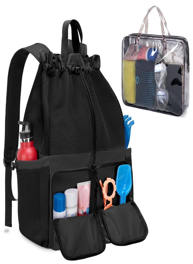 Fasrom Mesh Beach Bag Backpack with Waterproof Bag and Pocket, Large Drawstring Swim Backpack for Travel, Gym and Pool Sports, Black (Patent Design) - Image 1