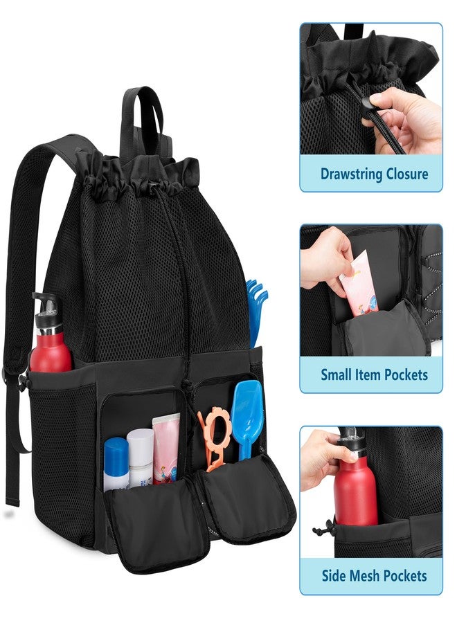 Fasrom Mesh Beach Bag Backpack with Waterproof Bag and Pocket, Large Drawstring Swim Backpack for Travel, Gym and Pool Sports, Black (Patent Design) - Image 2