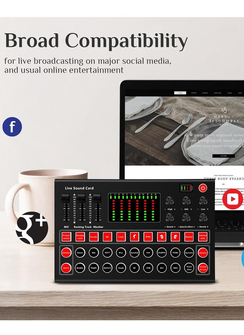 Live Sound Card M9 Plug and Play Sound Card 8 Sound Effects Audio Mixer with Colorful Lights Intelligent Processing Chip Noise Reduction External Sound Card for Singing Recording