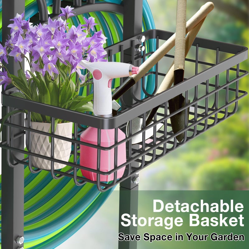 Qatsrin Upgraded Garden Hose Holder with Large Basket, Heavy Duty Water Hose Holder Supports 160-ft Hoses, Freestanding Detachable Hose Stand Storage Reel Hanger Rack for Yard Lawn Farm - Image 2