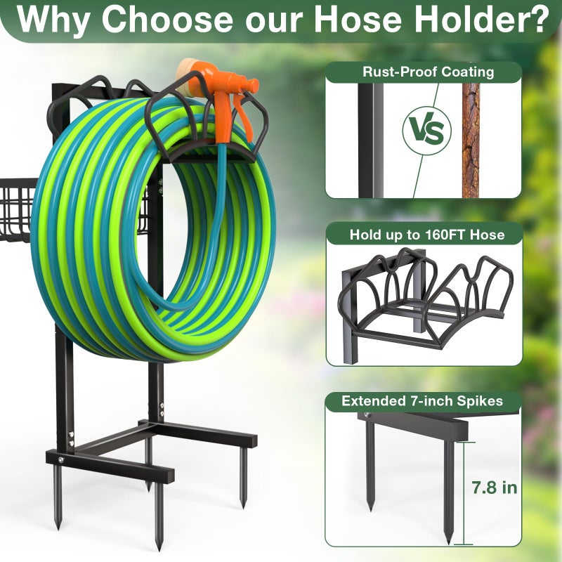 Qatsrin Upgraded Garden Hose Holder with Large Basket, Heavy Duty Water Hose Holder Supports 160-ft Hoses, Freestanding Detachable Hose Stand Storage Reel Hanger Rack for Yard Lawn Farm - Image 3