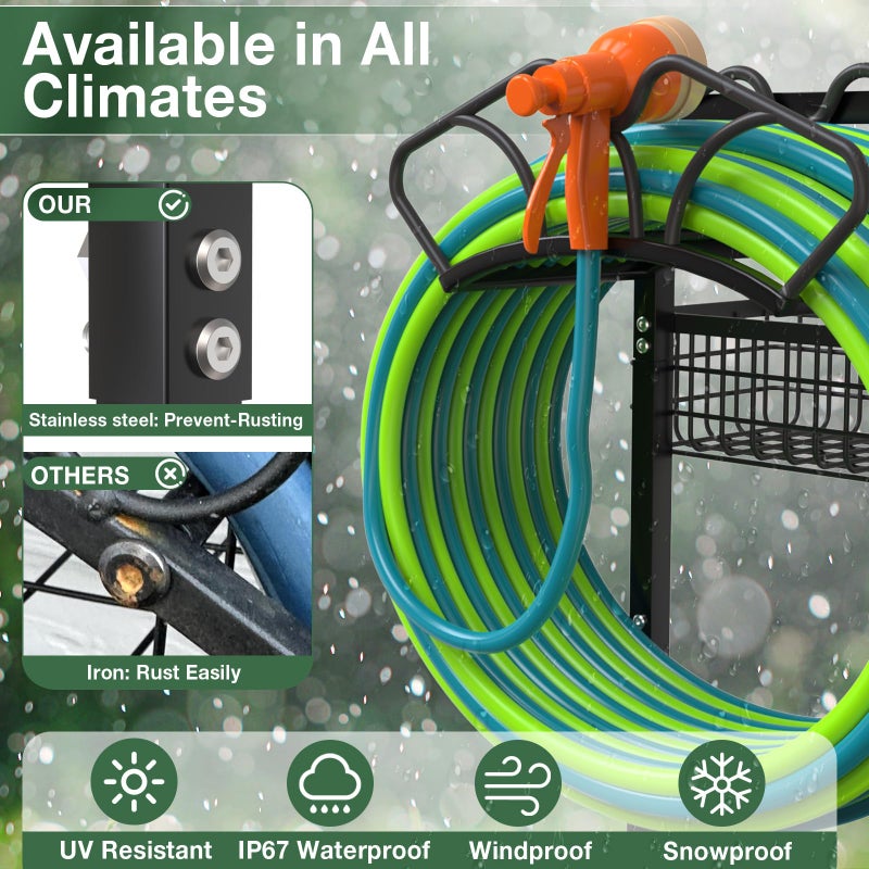 Qatsrin Upgraded Garden Hose Holder with Large Basket, Heavy Duty Water Hose Holder Supports 160-ft Hoses, Freestanding Detachable Hose Stand Storage Reel Hanger Rack for Yard Lawn Farm - Image 5