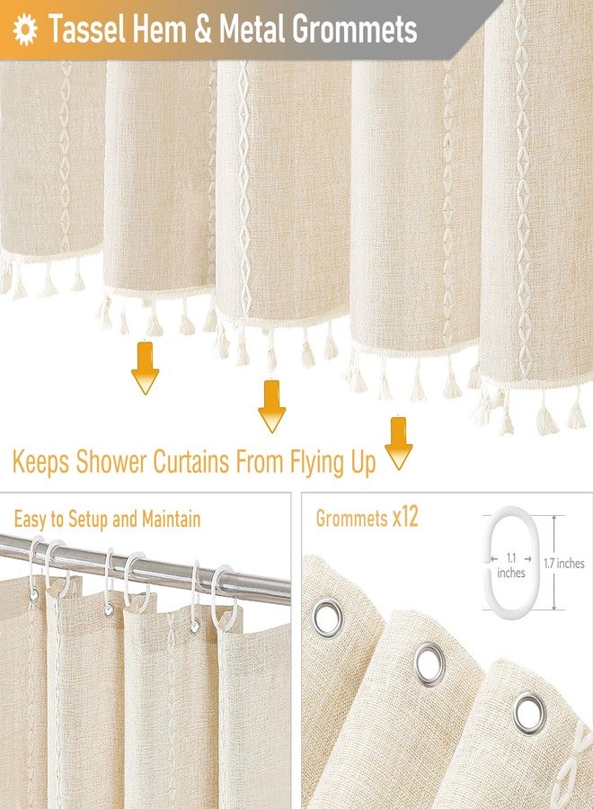 BTTN Extra Long Shower Curtain, 72x96 Long Striped Boho Chic Linen Fabric Heavy Duty Shower Curtain Set with Hooks, Tall Bohemian Farmhouse Luxury Tassel Cloth Shower Curtain for Bathroom, Cream/Beige - Image 5