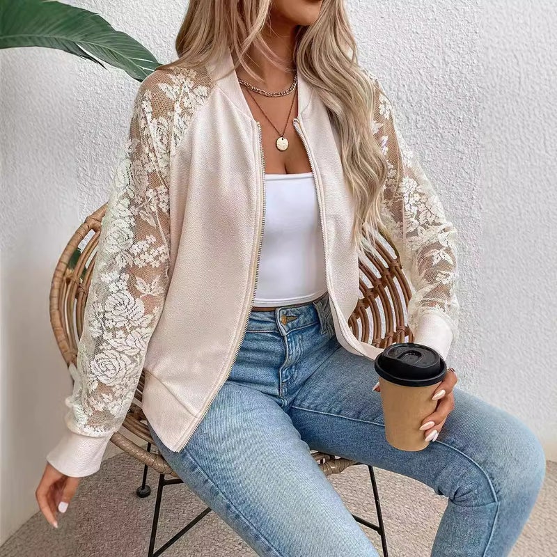 سترة نسائية أنيقة بتطريز الدانتيل وياقة بيسبول وأكمام طويلة - Image 3