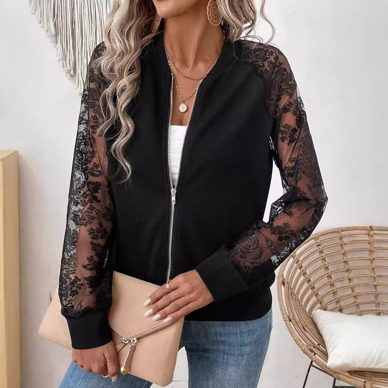 سترة نسائية أنيقة بتطريز الدانتيل وياقة بيسبول وأكمام طويلة - Image 4