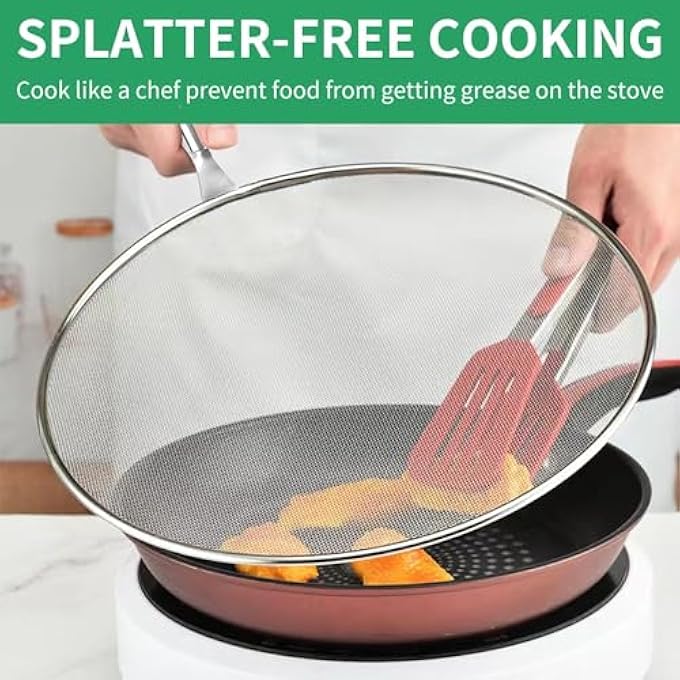 Khazna Stainless Steel Grease Splatter Screen For Frying Pan 98 Inch Fine Mesh Guard Stops 99 Of Hot Oil Splash Protects Skin From Burns Keeps Kitchen Clean Cooking - Image 3