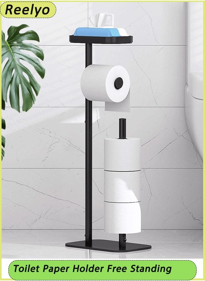 Kitsure - Toilet Paper Holder Free Standing – Rustproof Metal Toilet Paper Stand for 4 Rolls with Anti-Slip Base and Top Storage Shelf for Phone & Small Items, Bathroom Organizers and Storage, Black - Image 1