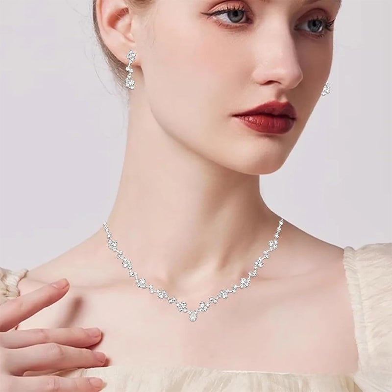 ElegGlo Silver Necklace Earrings Bracelet Crystal Bridal Wedding Jewelry Sets for Brides Bridesmaid Prom Costume Accessories for Women - Image 2