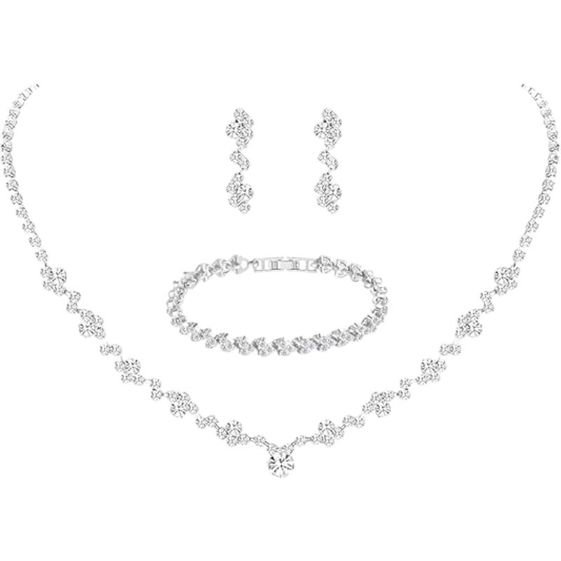 ElegGlo Silver Necklace Earrings Bracelet Crystal Bridal Wedding Jewelry Sets for Brides Bridesmaid Prom Costume Accessories for Women - Image 1