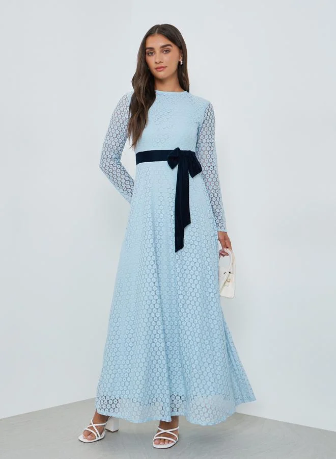 Light Blue Lace Maxi Evening Dress with Velvet Bow