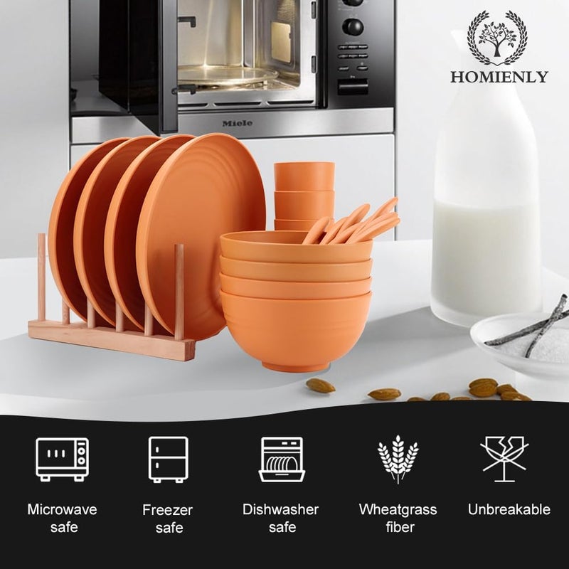 Homienly Wheat Straw Dinnerware Sets 20pcs Unbreakable Microwave Dishwasher Safe Tableware Lightweight Bowls Cups Plates Set Reusable Dinner Plates Bowls set Orange - Image 4