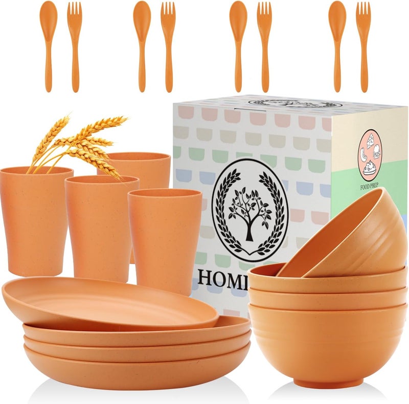 Homienly Wheat Straw Dinnerware Sets 20pcs Unbreakable Microwave Dishwasher Safe Tableware Lightweight Bowls Cups Plates Set Reusable Dinner Plates Bowls set Orange - Image 1