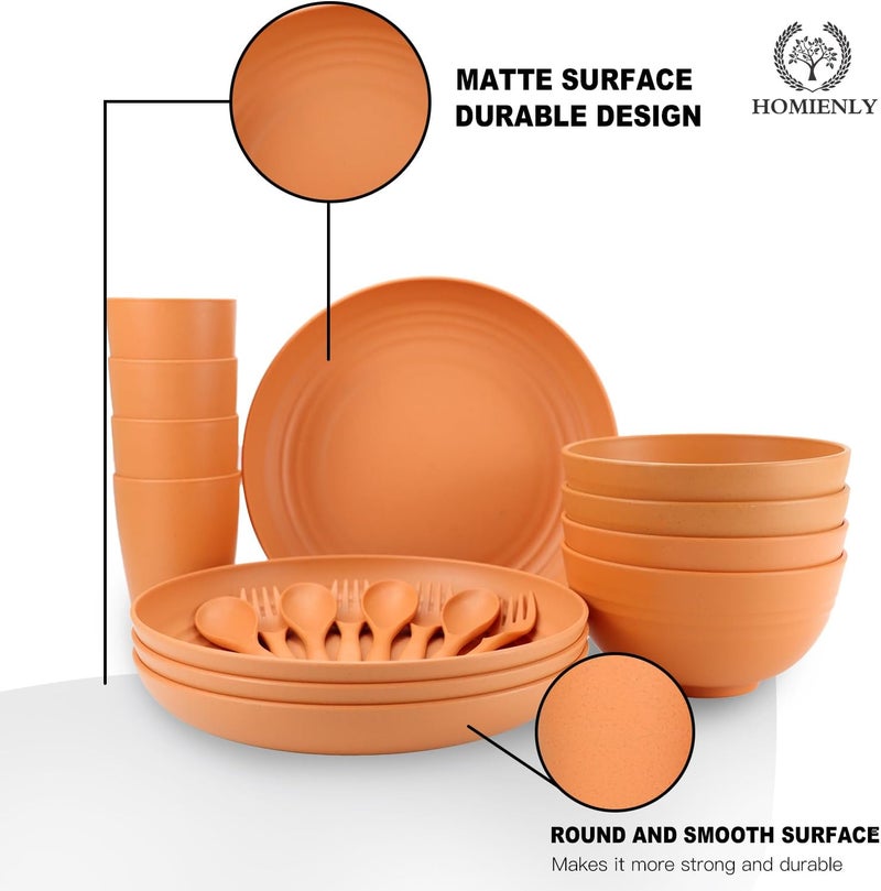 Homienly Wheat Straw Dinnerware Sets 20pcs Unbreakable Microwave Dishwasher Safe Tableware Lightweight Bowls Cups Plates Set Reusable Dinner Plates Bowls set Orange - Image 5