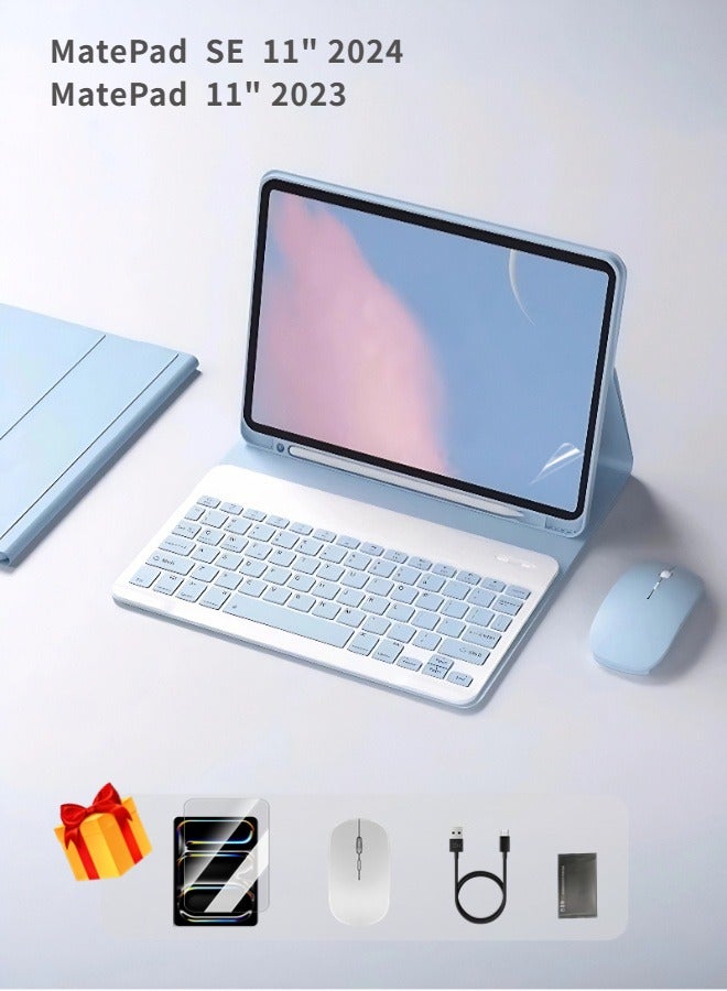 MatePad SE 11 Cover, Tablet 11 Inch  Bluetooth Keyboard Case, Detachable Wireless Keyboard With Pen Holder Ultra-Thin Leather Smart Case With Mouse+ Free Anti-Glare Screen Protector-Anti-Drop And Sandstorm Proof- Blue - Image 1