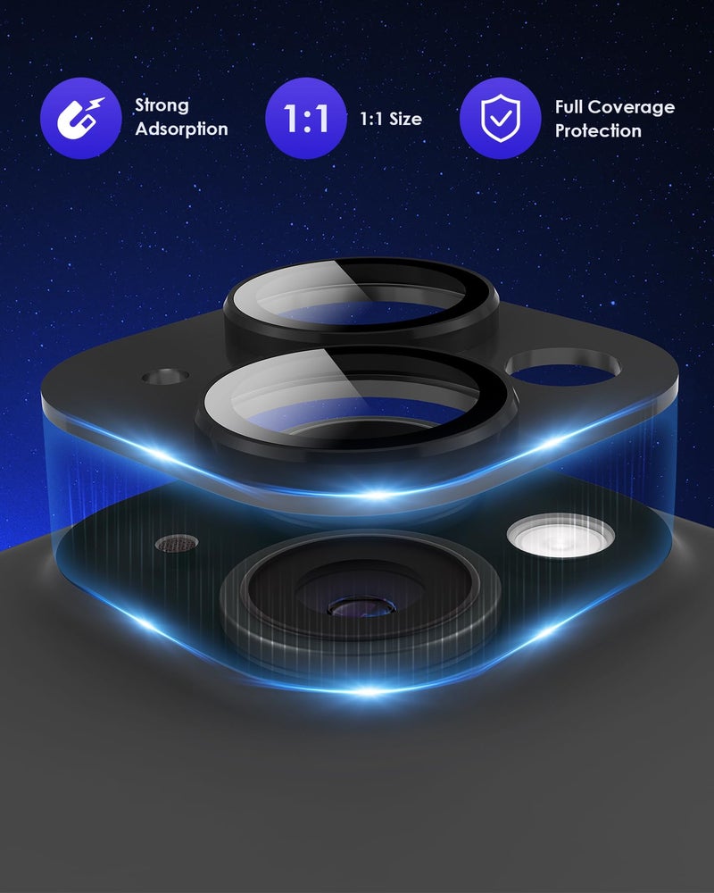 Kanosan Compatible for iPhone 15 Plus/iPhone 15 Camera Lens Protector Metal Plus Aluminium Alloy Ring 9H Tempered Glass Screen Camera Cover Black - Image 2