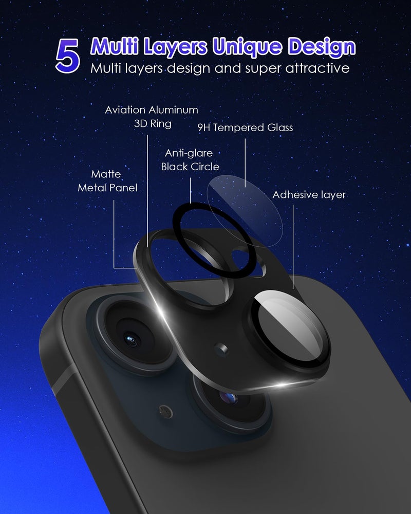 Kanosan Compatible for iPhone 15 Plus/iPhone 15 Camera Lens Protector Metal Plus Aluminium Alloy Ring 9H Tempered Glass Screen Camera Cover Black - Image 3