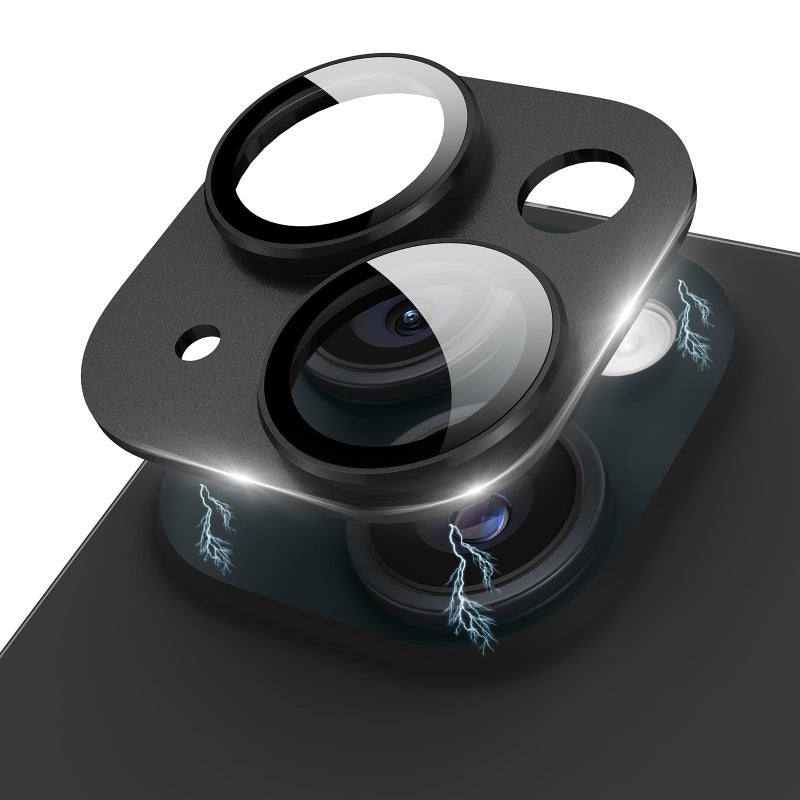 Kanosan Compatible for iPhone 15 Plus/iPhone 15 Camera Lens Protector Metal Plus Aluminium Alloy Ring 9H Tempered Glass Screen Camera Cover Black - Image 1
