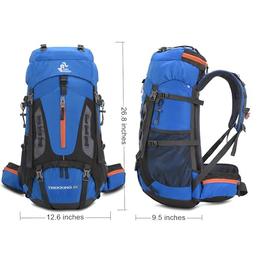Bseash 60L Hiking Camping Backpack with Rain Cover, Waterproof Large Capacity Outdoor Sport Travel Daypack Climbing Touring (Light Blue) - Image 2