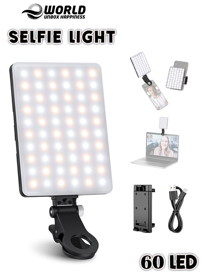 Eworld Rechargeable Selfie Light with 60 LED, Clip-On Portable Video Light, 3 Light Modes for Phone, Laptop & Webcam – Black - Image 1