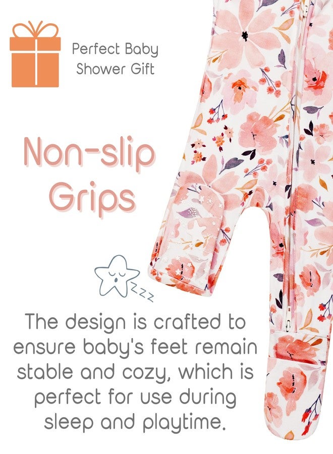 Vollmic Baby Girls Footie Pajamas 0-9 Months Rayon derived from Bamboo Floral Printed Jumpsuit for Newborn Girl 2 Packs (Light Ink Pink, 0-3 Months) - Image 5