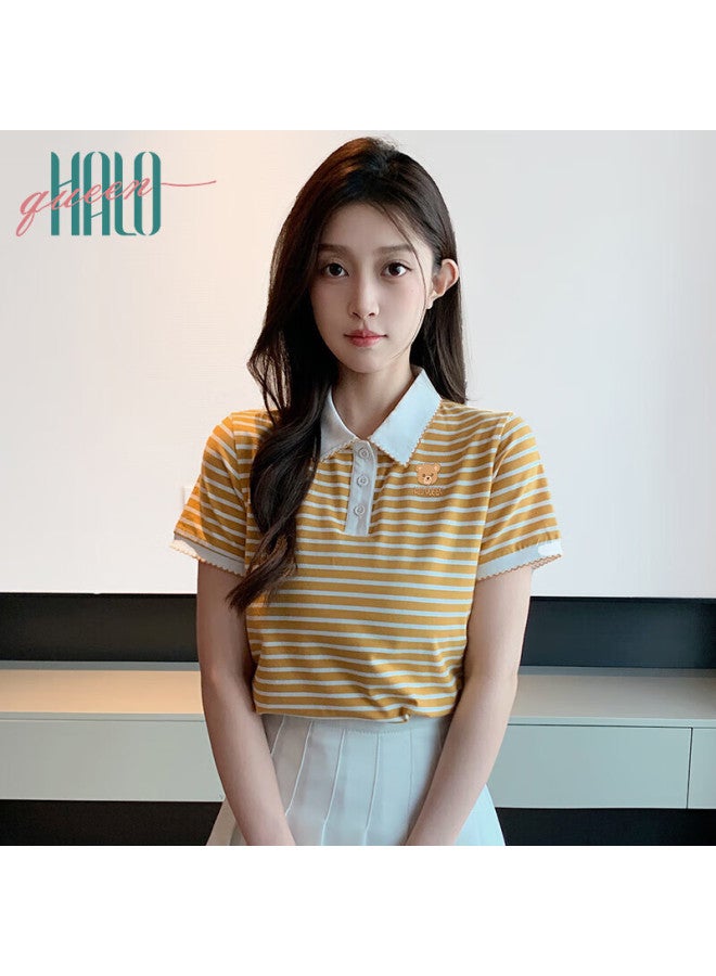 HALOQUEEN Halo Queen Women's Summer Polo Neck Short Sleeve T-shirt Casual Loose Fit Striped Top H143t1597 - Image 5
