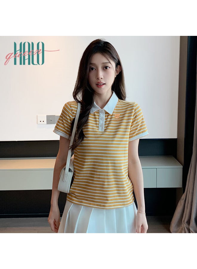 HALOQUEEN Halo Queen Women's Summer Polo Neck Short Sleeve T-shirt Casual Loose Fit Striped Top H143t1597 - Image 2
