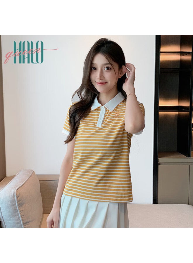 HALOQUEEN Halo Queen Women's Summer Polo Neck Short Sleeve T-shirt Casual Loose Fit Striped Top H143t1597 - Image 4