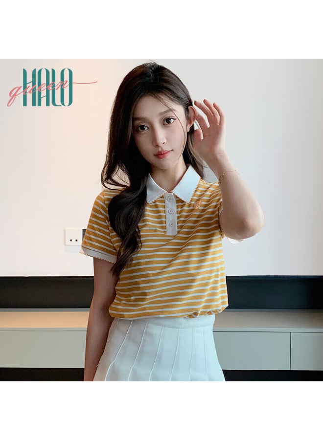 HALOQUEEN Halo Queen Women's Summer Polo Neck Short Sleeve T-shirt Casual Loose Fit Striped Top H143t1597 - Image 3