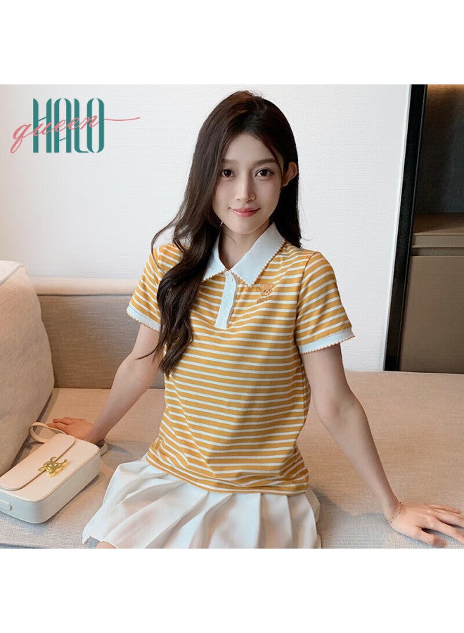 HALOQUEEN Halo Queen Women's Summer Polo Neck Short Sleeve T-shirt Casual Loose Fit Striped Top H143t1597 - Image 1