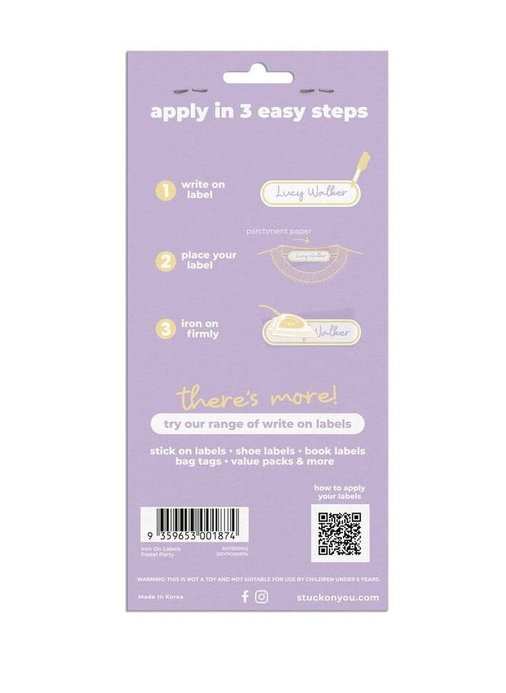 STUCK ON YOU - Stuck on You Iron On Labels, Easy to Iron, Washer/Dryer Safe, and Long Lasting, 39 labels Per Pack, Pastel Party - Image 1