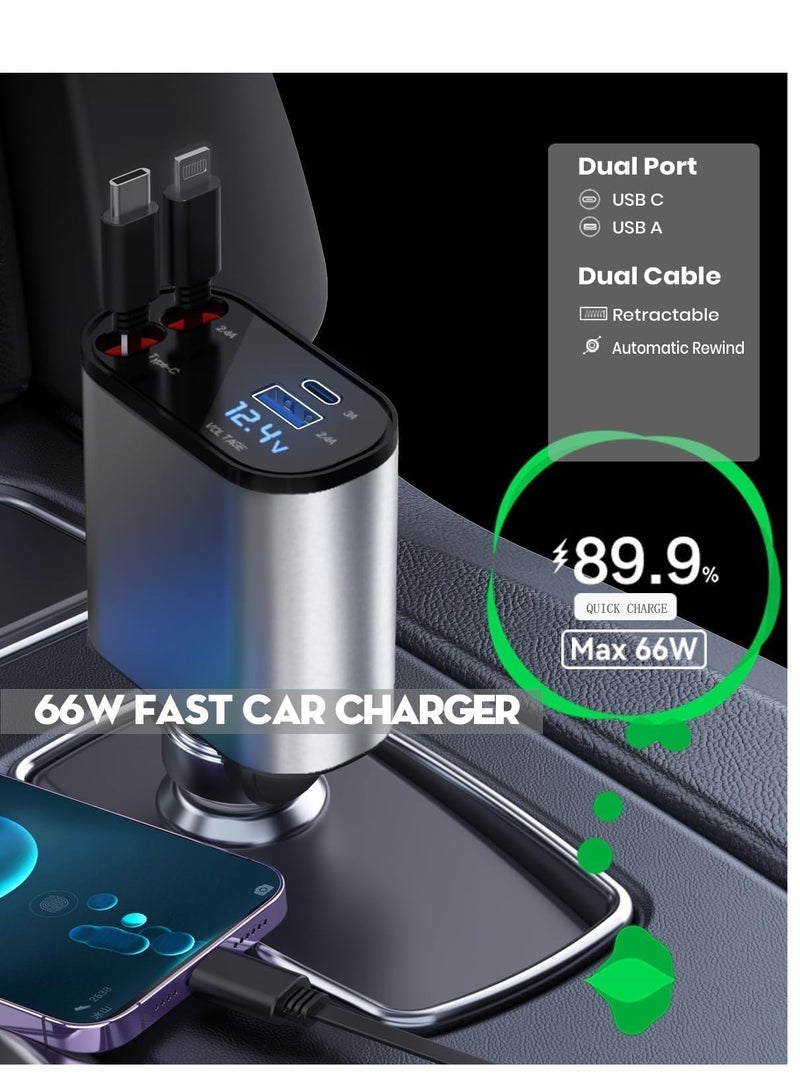 4-in-1 Car Charger with Dual Retractable Cable, Dual Port USB C PD Fast Charging Car Adapter Car Cigarette Lighter Adapter with Voltage Display Compatible with iPhone 14 13 Pro Max, iPad, Samsung  - Image 4