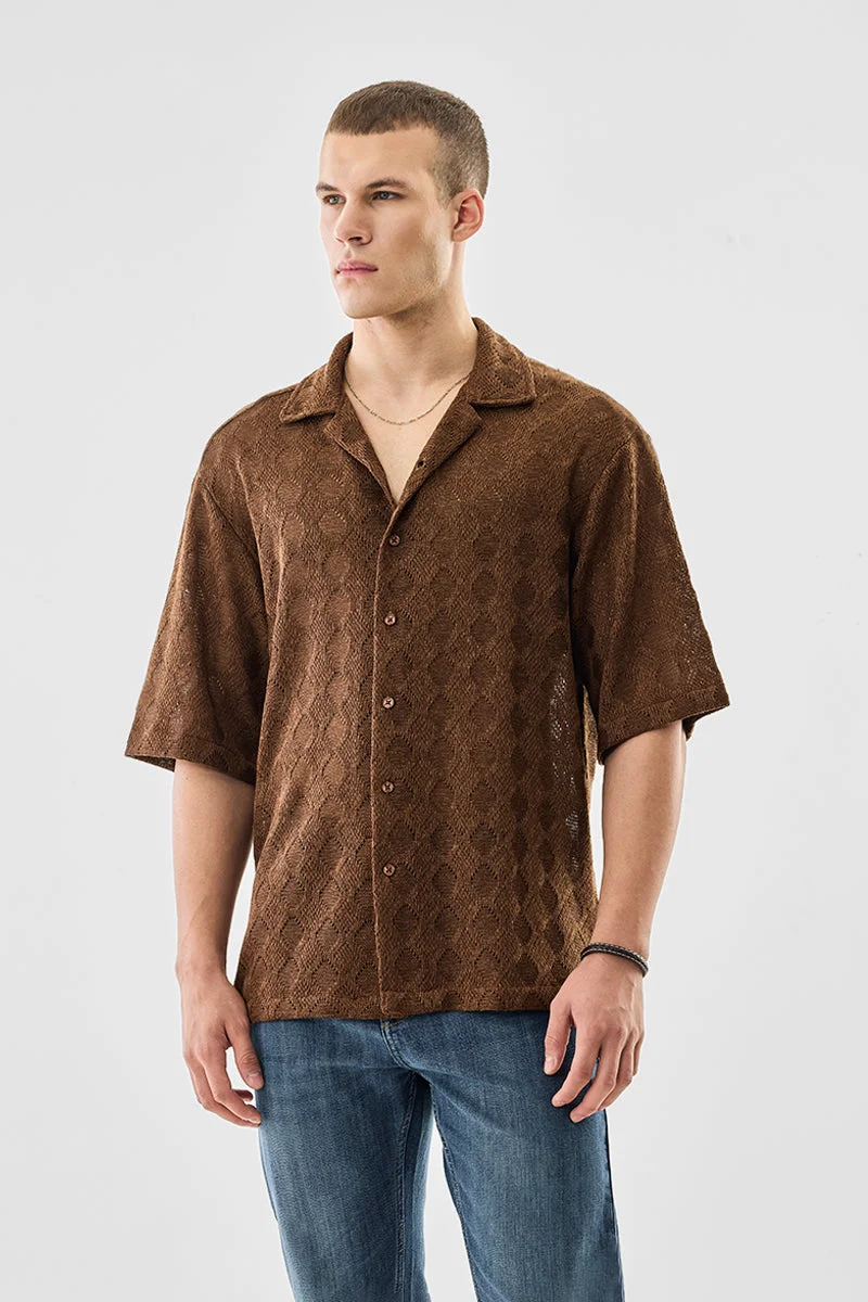 SNITCH Brown Textured Half Sleeve Oversized Shirt