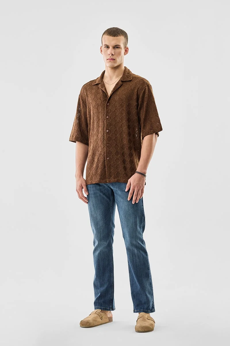 سنيتش Brown Textured Half Sleeve Oversized Shirt
