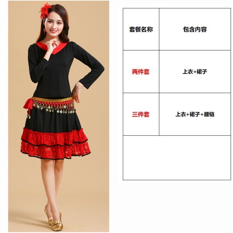 Square Dance Costume New Yangko Dance Costume Folk Dance Costume V-Neck Long Sleeve Short Sleeve Top Skirt Suit - Image 1
