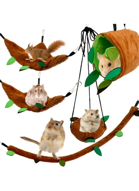 5 Pcs Hamster Hammock Set, Forest Pattern Hanging Bed, Leaf Tunnel and Swing, Cage Accessories for Small Animals, Sugar Glider, Squirrel, Hamster Playing and Sleeping
