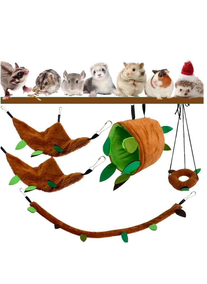 5 Pcs Hamster Hammock Set, Forest Pattern Hanging Bed, Leaf Tunnel and Swing, Cage Accessories for Small Animals, Sugar Glider, Squirrel, Hamster Playing and Sleeping