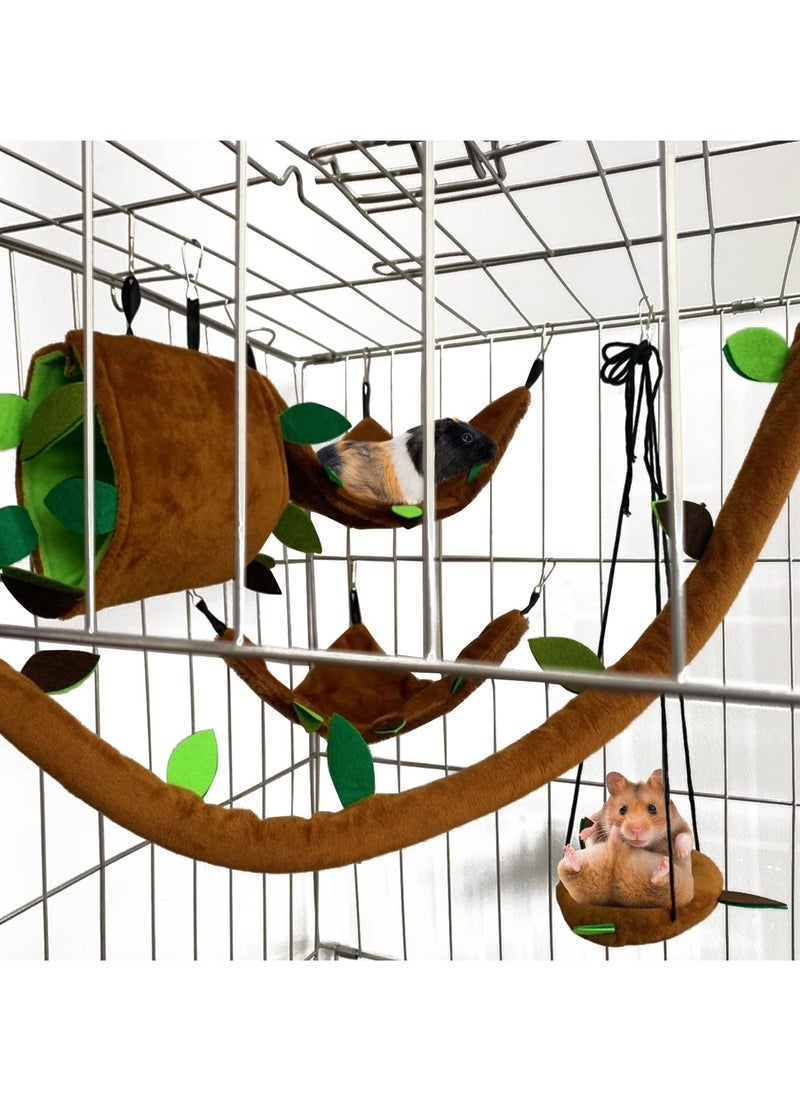 5 Pcs Hamster Hammock Set, Forest Pattern Hanging Bed, Leaf Tunnel and Swing, Cage Accessories for Small Animals, Sugar Glider, Squirrel, Hamster Playing and Sleeping