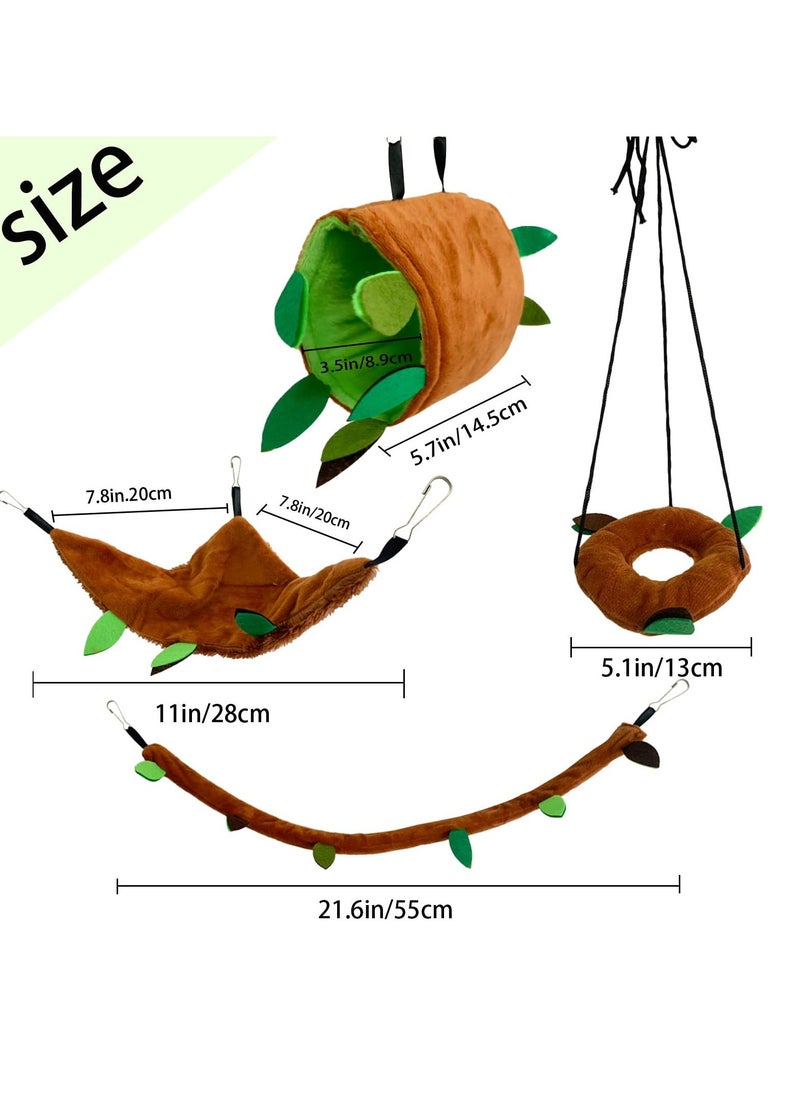 5 Pcs Hamster Hammock Set, Forest Pattern Hanging Bed, Leaf Tunnel and Swing, Cage Accessories for Small Animals, Sugar Glider, Squirrel, Hamster Playing and Sleeping