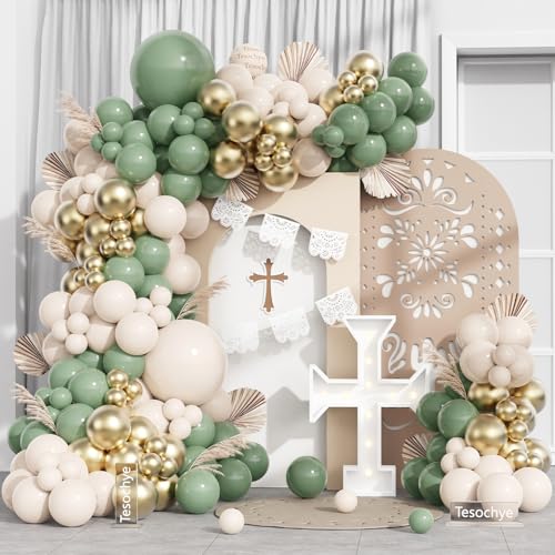 Tesochye Baptism Theme Party Decorations Balloons Kit145 Pcs Sage Green White Sand Gold Balloons Arch for First Holy Communion Decorations God Bless Christening Party Birthday Baby Shower Wedding Decoration - Image 1