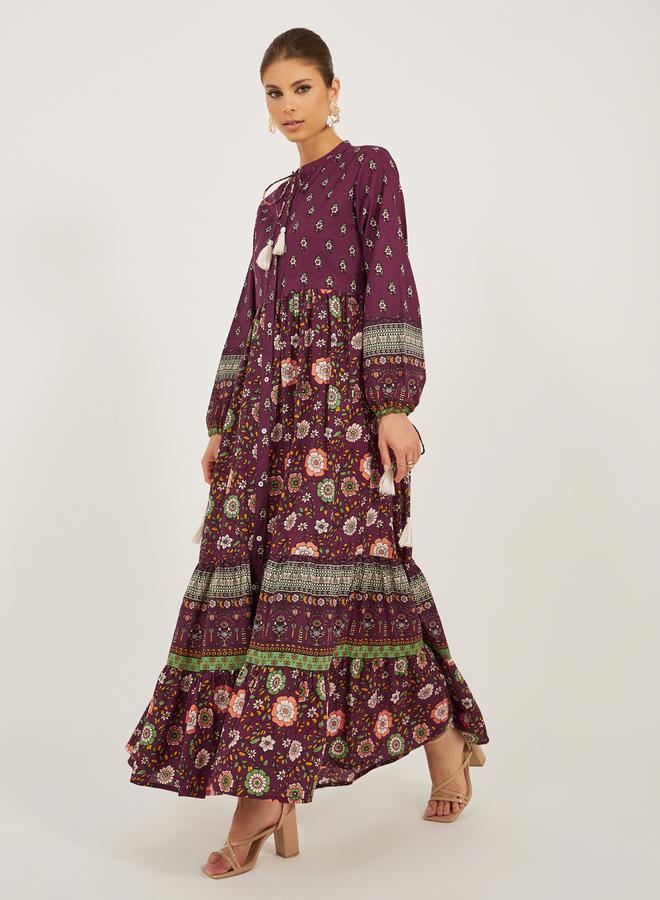 ستايلي فستان ماكسي طويل بأكمام طويلة وطبعات زهور متعددة الطبقات - Image 2