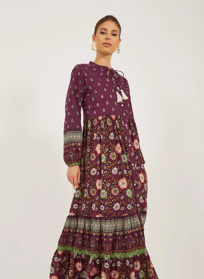Styli Floral Print Long Sleeves Tiered Maxi Dress