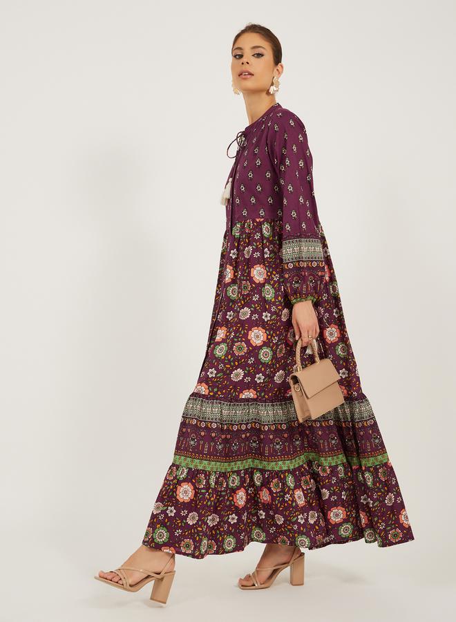 ستايلي فستان ماكسي طويل بأكمام طويلة وطبعات زهور متعددة الطبقات - Image 1