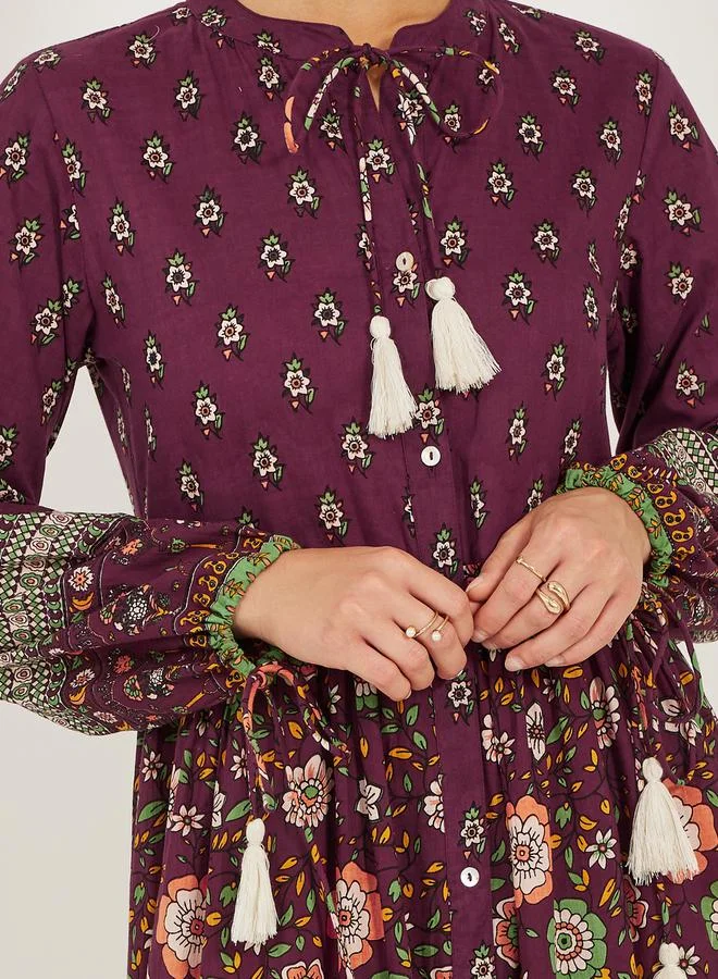 Styli Floral Print Long Sleeves Tiered Maxi Dress