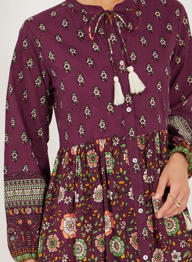 Styli Floral Print Long Sleeves Tiered Maxi Dress