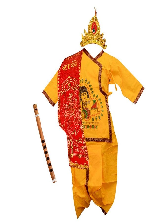 Niue Kids Cotton Yellow Krishna Style Kurta & Dhoti Dress (Pack Of 5-Kurta,Dhoti,Bansuri,Mukut,Patka)-(6-12 Month) - Image 1