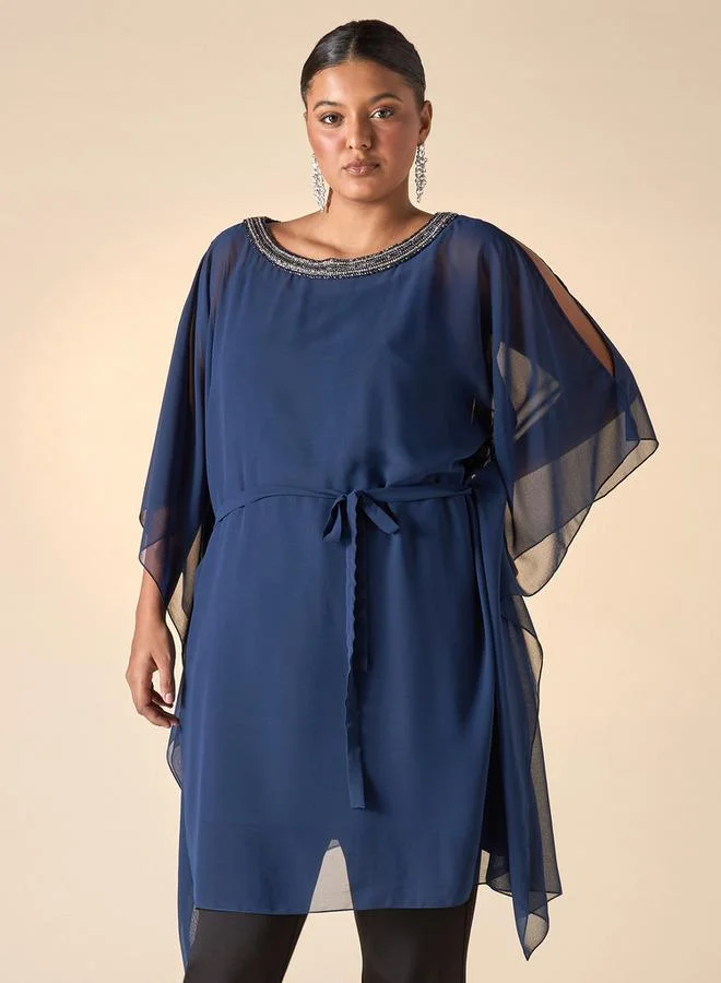 Ulla Popken Plus Size Ulla Popken Embellished Kaftan Top with Tie-Up Detail