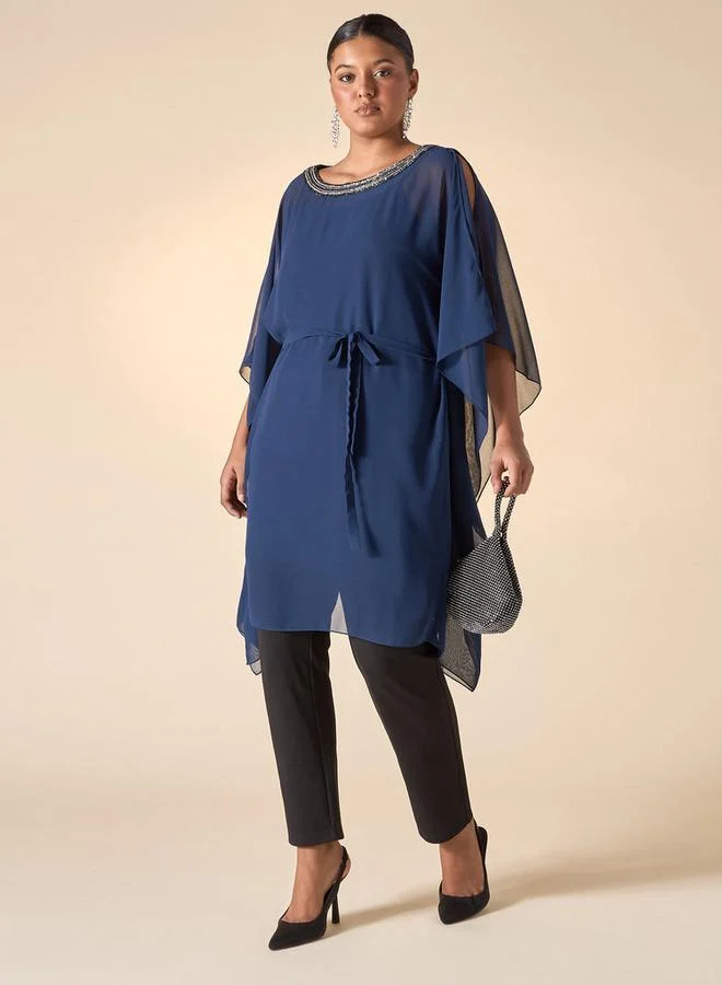 Ulla Popken Plus Size Ulla Popken Embellished Kaftan Top with Tie-Up Detail