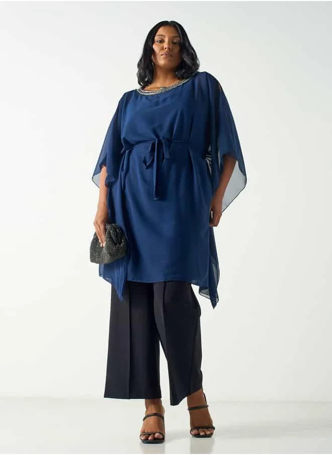 Ulla Popken Plus Size Ulla Popken Embellished Kaftan Top with Tie-Up Detail